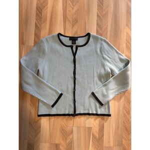 225 Petite Aqua Blue Ribbed Cardigan Button Front Charcoal Trim